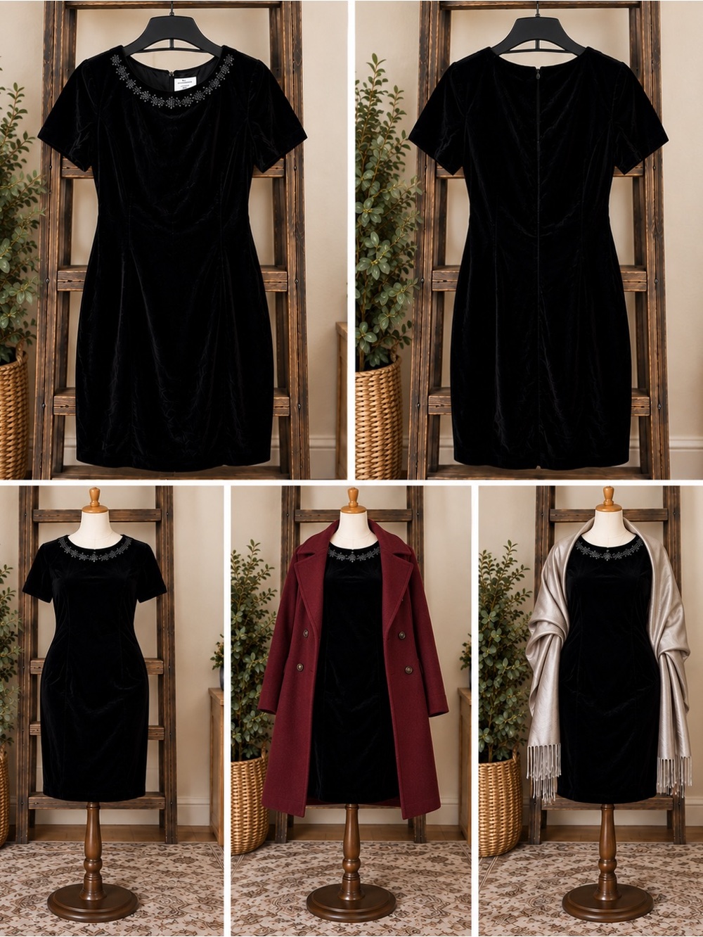 Vintage 90s Liz Claiborne Black Velvet Beaded Cocktail Dress Size 12